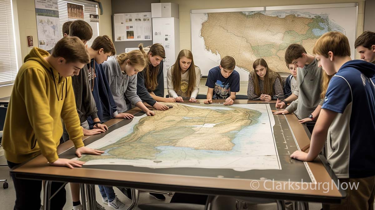 High school class gathers around a map