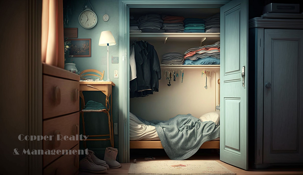 a closet with a bed for rent